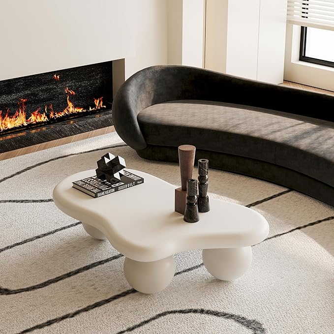 40 Inch Cloud Shaped Coffee Table with 3 Ball Legs for Living Room Cream White
