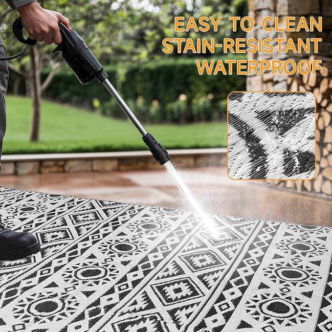 Outdoor Rug Waterproof 8x10 ft, Reversible Outdoor Plastic Straw Rug Patio Rug, RV Rugs for Outside, Outdoor Carpet for Patio Camping Deck Balcony Backyard, Black & White