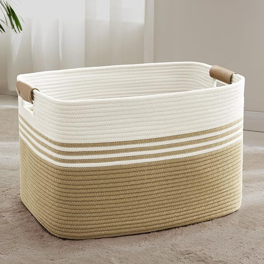 Laundry basket with leather handles for clothes,blankets,pillows,toys,towels,suitable for bedrooms and living rooms,cotton woven laundry hamper,extra large gift basket,24"x16"x14",Khaki