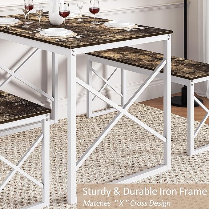 VECELO Kitchen Table with 2 Benches for 4, 43.3'' Wood Dining Room Dinette Sets with Metal Frame for Breakfast Nook and Small Space, Dark Brown