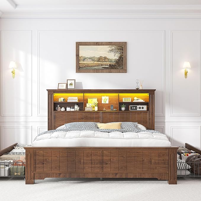 EnHomee Full Size Bed Frame with Headboard, Full Bed Frame with 4 Drawers Charging Port & LED, Farmhouse Bed Full Built in Charging Station,No Box Spring Needed,NO Noise,Vintage Brown