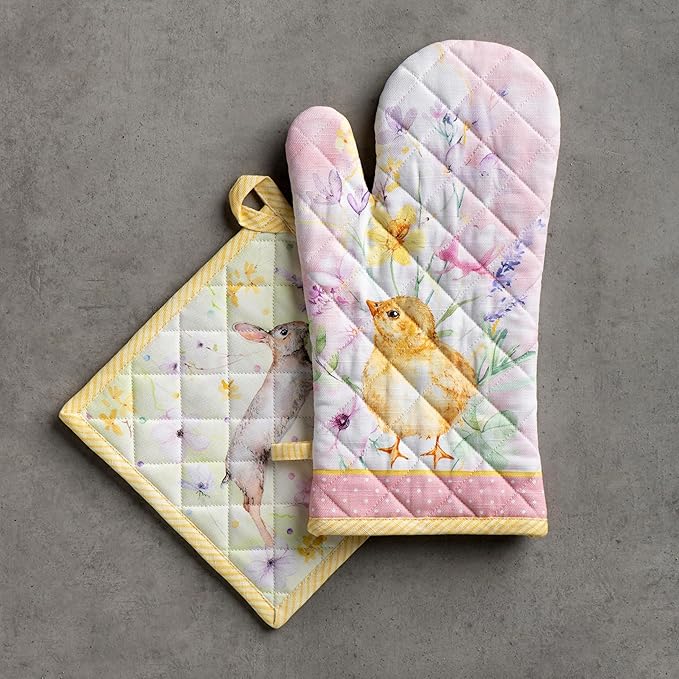 Maison d' Hermine 100% Cotton Oven Mitt & Pot Holder Set (7.5"x13" & 8"x8") Heat Resistant BBQ Cooking Gloves with Loop, Baking, Grilling, Kitchen, Handling Hot Pans Spring/Summer (Easter Zest)