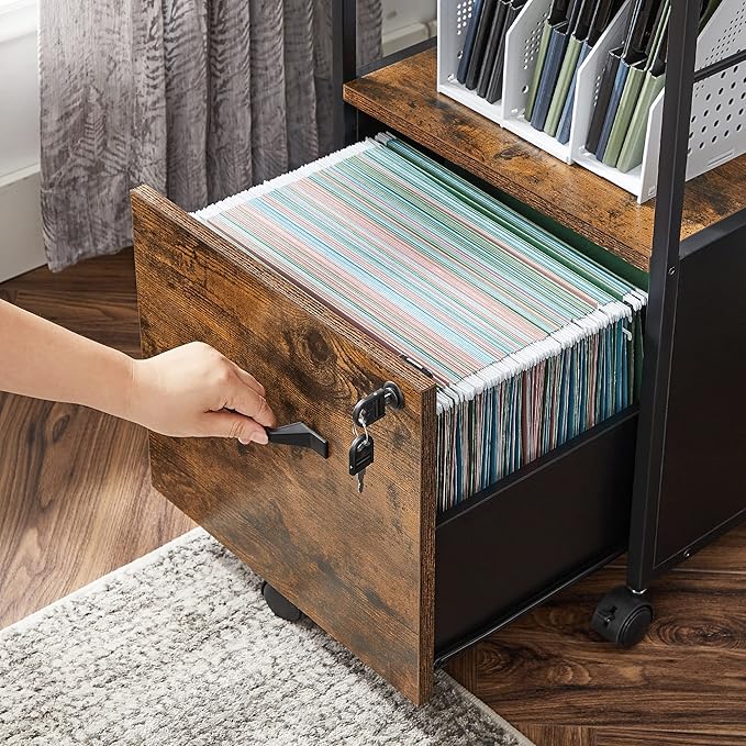 VASAGLE 1 Drawer File Cabinet with Lock, Printer Stand, Office Filing Cabinet Organizer, for A4 and Letter Size Documents, Rustic Brown and Black UOFC044B01