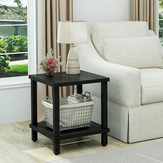 Large End Table Square Side Table Modern Sofa Table 20 Inch Industrial Coffee Table NightStand with 2-Tier Storage Shelf for Living Room Bedroom Black MLBZ06B