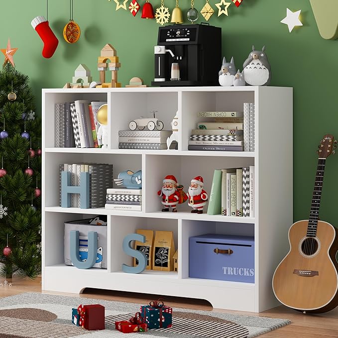 Book Shelf for Kids, 8 Cubes Storage Organizer Montessori Bookshelf, 3-Tier Wooden Kids Bookcase, Toy Storage Organizer for Children, White Toddler Bookshelf Cube Shelf for Kid’s Room, Classroom