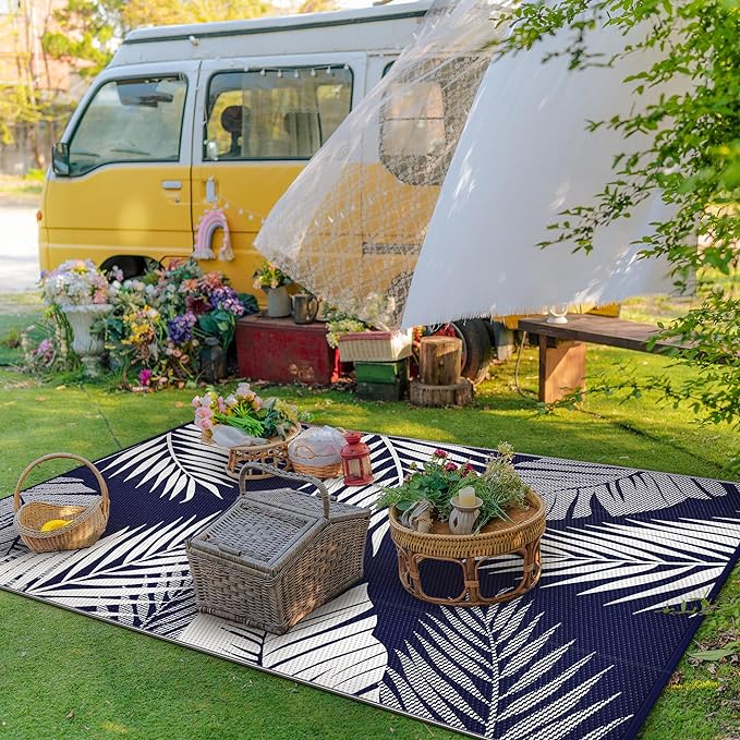 GENIMO Outdoor Rug 9' x 12' Waterproof for Patios Clearance, Reversible Outdoor Plastic Straw Camping Rug Carpet, Large Area Rugs Mats for RV, Camper, Deck, Balcony, Porch, Beach, Navy Blue&White