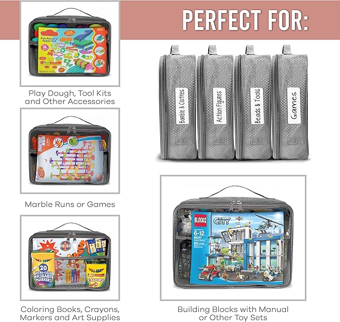 Toy Storage Bag, On the Go Toy Storage Organizer, Car Toy Organization, Blocks Travel Bag, Activity Bags for kids, Traveling Carrying Case, Storage Organizer (Large 4pc Beige Bags)