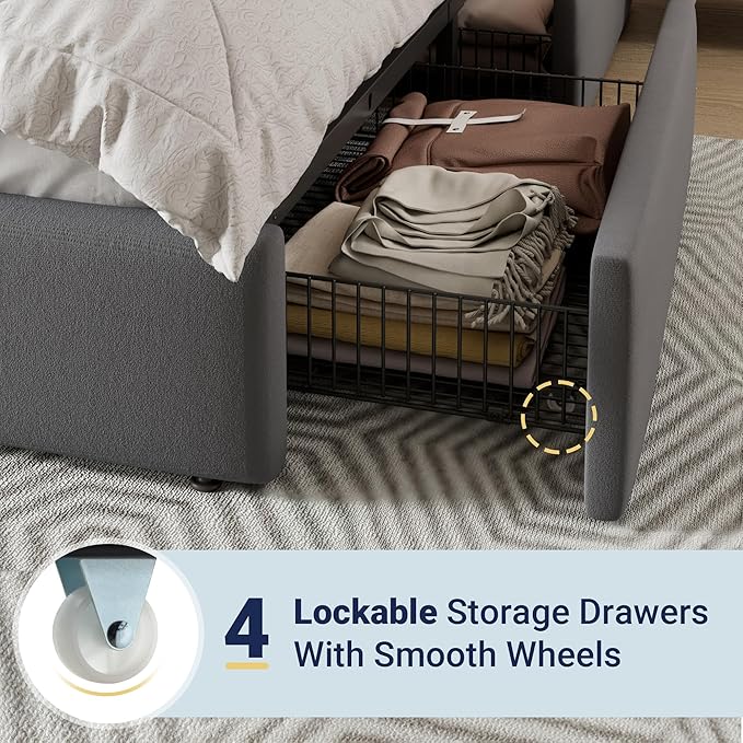 Allewie Modern Queen Size Platform Bed Frame with 4 Storage Drawers and Velvet Upholstered Headboard, Wooden Slats Support, Upholstered Mattress Foundation/No Box Spring Needed/Easy Assembly, Grey