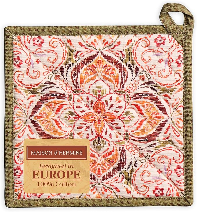 Maison d' Hermine Pot Holders 100% Cotton Heat Resistant Potholders 8" x 8" Hot Pads with Loop for Thanksgiving Christmas Decorations BBQ Cooking Baking Handling Hot Pans (Pack of 1, Damask)