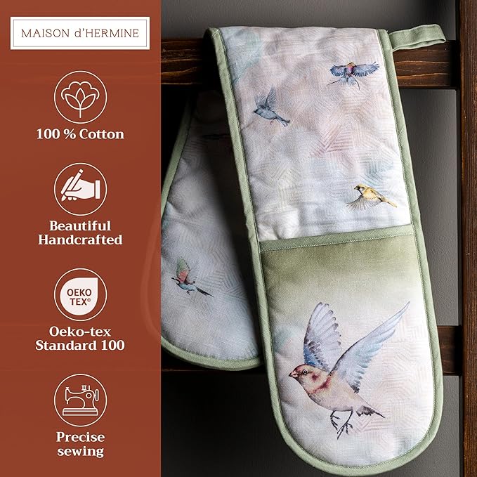 Maison d' Hermine Double Oven Mitts 100% Cotton 7"x35" Double Oven Mitt Heat Resistant BBQ Cooking Gloves with Loop, Baking, Grilling, Home, Kitchen, Handling Hot Pans Spring Summer (Flying Birds)