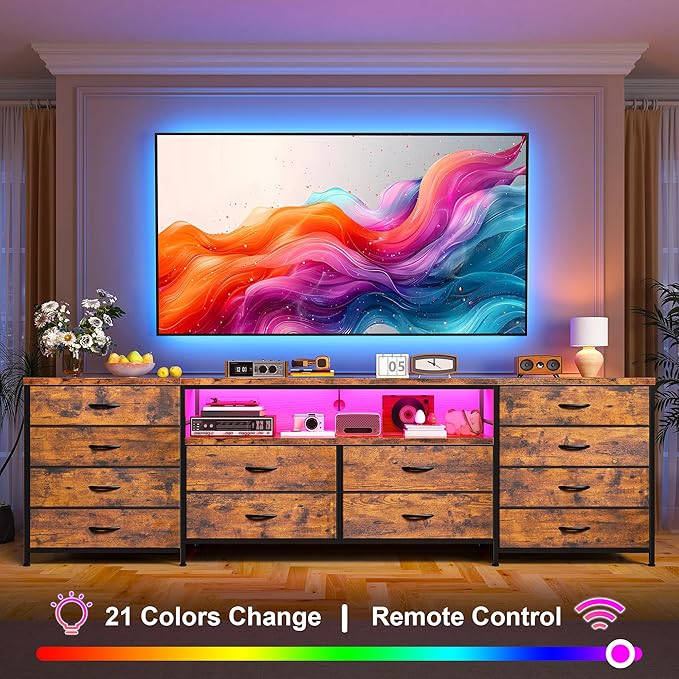 Fits 65,70 inch TV Stand Dresser 63" W TV Console for Bedroom with LED Lights & Power Outlets 12 Long Fabric Dressers for Bedroom, Hallway or Closets Entertainment Center