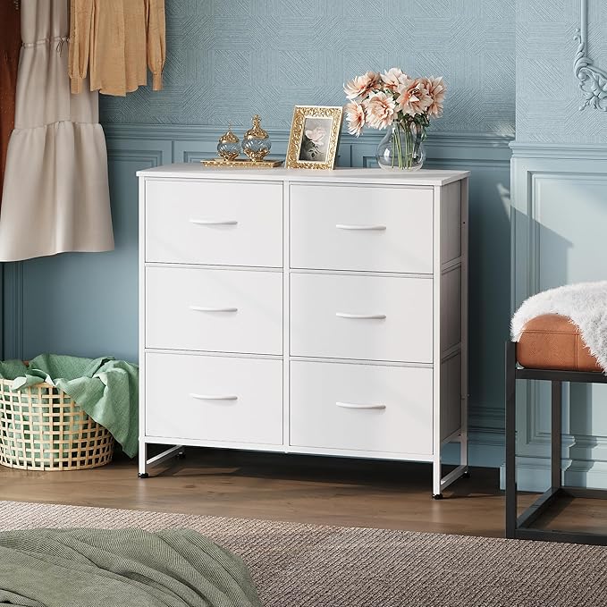 WLIVE White Dresser for Bedroom, 6 Drawer Double Dresser, Fabric Storage Tower with Fabric Bins, Chest of Drawers for Closet, Living Room, Hallway