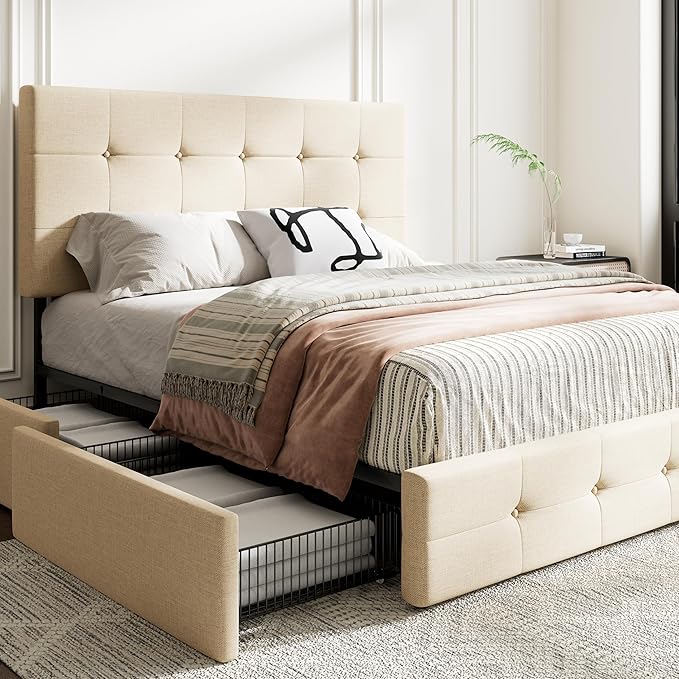 MUTICOR Full Size Bed Frame with 4 Storage Drawers, Upholstered Platform Bed with Button Tufted Adjustable Headboard, No Box Spring Needed, Easy Assembly, Square Tufted, Beige Fabric