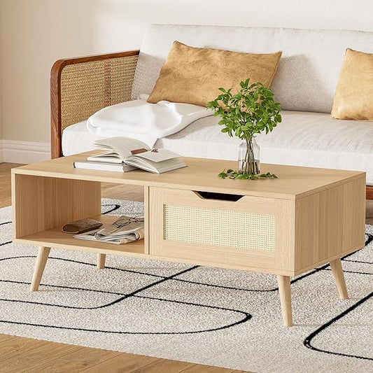 Oak Rattan Coffee Table, Mid Century Modern with Drawer & Shelf, 39'' Wooden Boho Coffee Table for Living Room