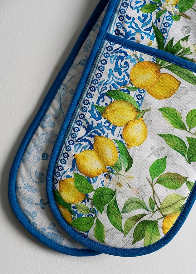 Maison d' Hermine Double Oven Mitts 100% Cotton 7"x35" Double Oven Mitt Heat Resistant BBQ Cooking Gloves with Loop, Baking, Grilling, Home, Kitchen, Handling Hot Pans Spring Summer (Cedrat)