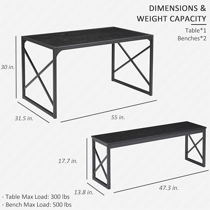 VECELO Kitchen Dining Table Set for 4 to 6, 55" Wood Dinette 2 Benches with Metal Frame for Dinner Breakfast Nook and Small Space, Black