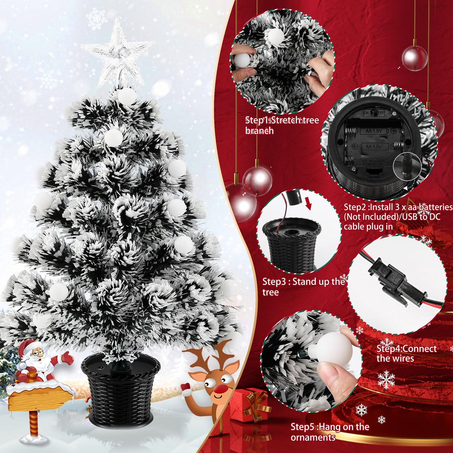 22inch Small Mini Fiber Optic Christmas Tree,Pre-lit Tabletop Artificial Xmas Trees with Balls,RGB Lights,Treetop, Battery/USB Powered White Tiny Fake Xmas Tree Decorations for Desktop,Holiday