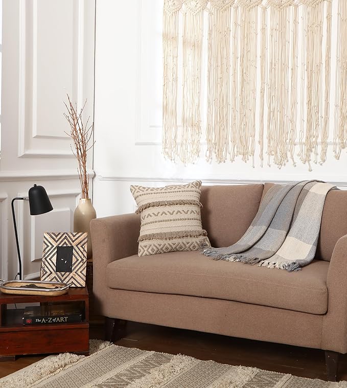 REDEARTH Handmade Boho Throw Pillow Covers - Bohemian Chic Farmhouse Style - Accent Woven Indoor and Outdoor Pillow Cushion Cases for Couch - Bed - Chair - Sofa - Benches – Set of 2-18"x18" - Taupe