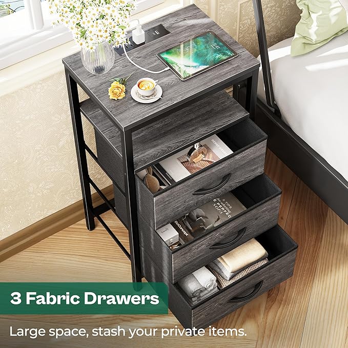 Huuger Nightstand with Charging Station, 27.6 Inch End Table Bedside Table with USB Ports and Outlets, Night Stand for Bedroom, Fabric Drawers, Grey