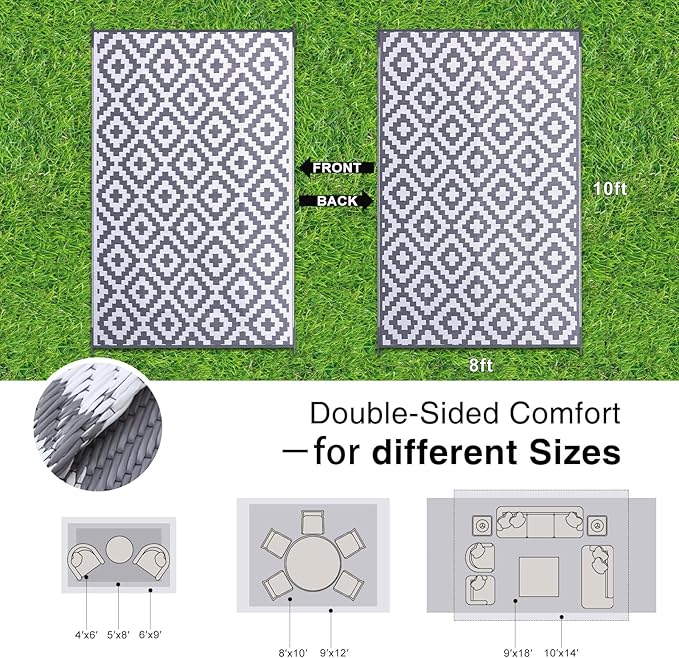OLANLY Waterproof Outdoor Rug 8x10 ft, Reversible Plastic Straw Patio Rug for Camping, RV Mat Outside, Indoor Outdoor Carpet for Porch, Deck, Backyard, Camper, Balcony, Picnic, Grey & White