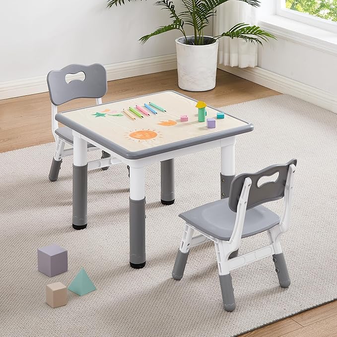 Adjustable Kids Table Chairs Set – Graffiti Desktop, Multi-Activity Height-Adjustable Toddler Study Desk for Ages 3-8 – Ideal for Home, Classroom, Daycare (W-Gray, 2 Chairs-23.6" L x 23.6" W)