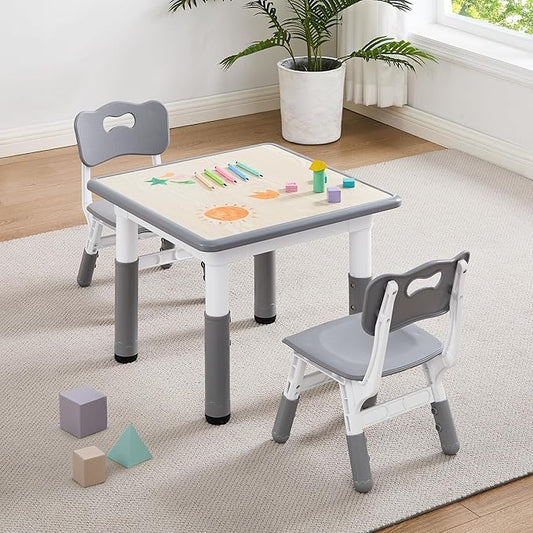 Adjustable Kids Table Chairs Set – Graffiti Desktop, Multi-Activity Height-Adjustable Toddler Study Desk for Ages 3-8 – Ideal for Home, Classroom, Daycare (W-Gray, 2 Chairs-23.6" L x 23.6" W)