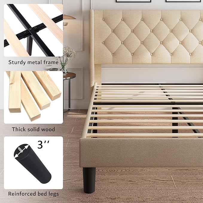 iPormis Full Size Platform Bed Frame with Button Tufted Headboard, Upholstered Bed Frame with Solid Wooden Slats, 8" Underbed Space, No Box Spring Needed, Noise Free, Easy Assembly, Beige