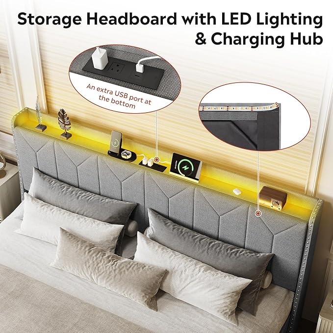 WLIVE King Size Upholstered Bed Frame with 2 Drawers, Linen Tufted Storage Headboard with Charging Ports and LED Light, Sturdy Metal & Wooden Slats Support, No Box Spring Needed, Light Grey