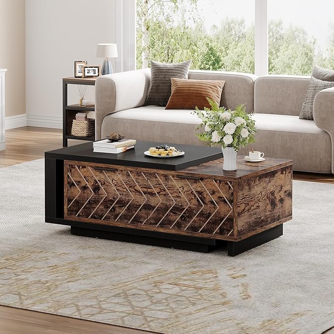 Tribesigns Extendable Coffee Table with 2 Storage Drawers, Dual-Tone Center Table with Sliding Tabletop, Multi-Functional Wooden Rectangle Cocktail Table for Living Room (Black & Rustic Brown)