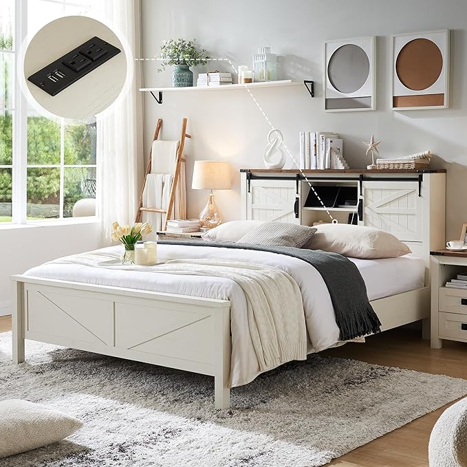 T4TREAM Farmhouse King Size Bed Frame w/Storage Bookcase Headboard, Sliding Barn Door, Charging Station, Rustic Wood Platform Bed w/Wood Slats Support, No Box Spring Needed, Antique Brush White