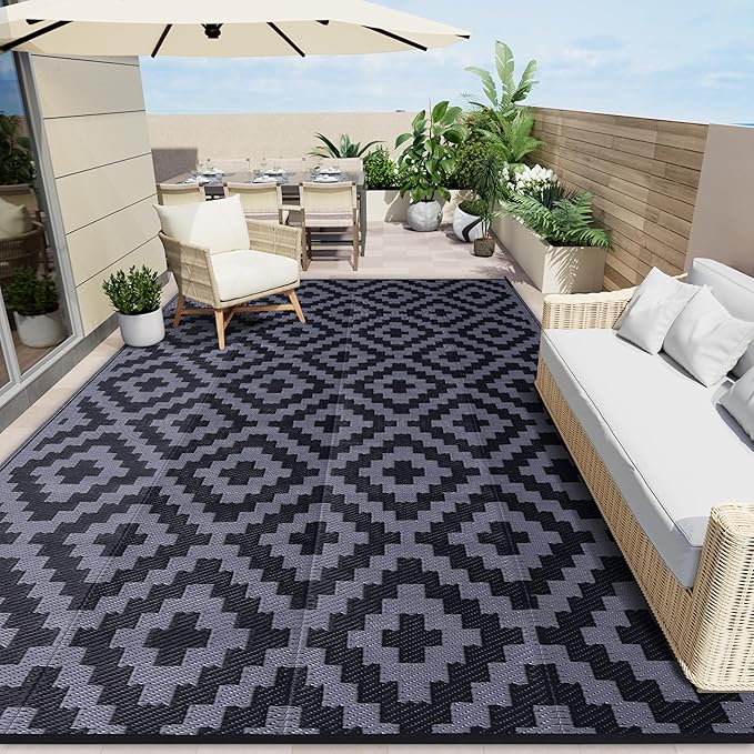 OLANLY Waterproof Outdoor Rug 8x10 ft, Outdoor Plastic Straw Rug for Camping, RV Mat Outside, Indoor Outdoor Carpet for Porch, Deck, Backyard, Balcony, Picnic, Black & Grey