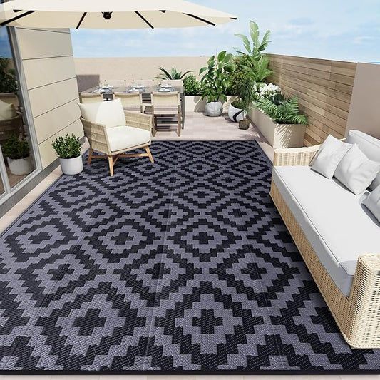 OLANLY Waterproof Outdoor Rug 9x12 ft, Outdoor Plastic Straw Rug for Camping, RV Mat Outside, Indoor Outdoor Carpet for Porch, Deck, Backyard, Balcony, Picnic, Black & Grey
