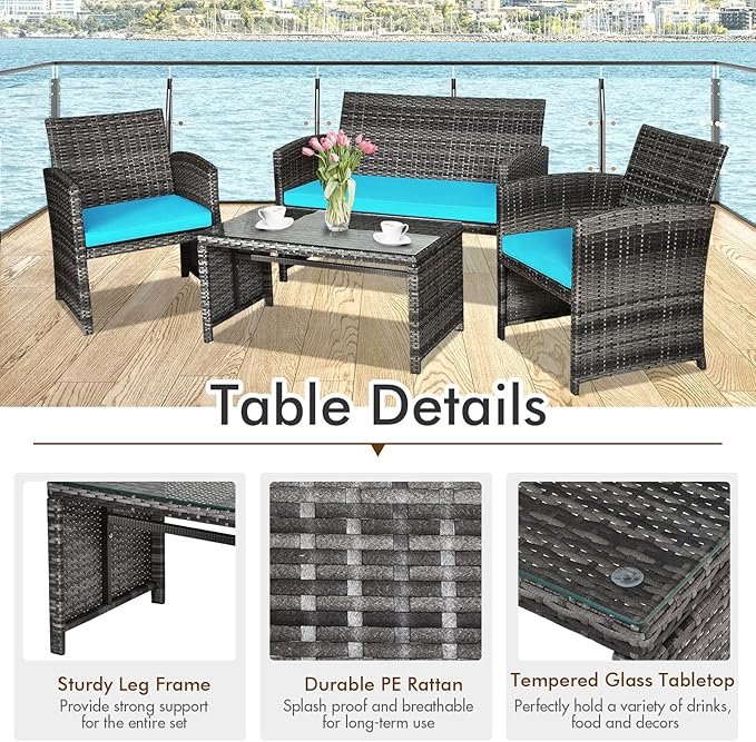 Goplus 4-Piece Rattan Patio Furniture Set, Outdoor Wicker Conversation Sofa with Weather Resistant Cushions and Tempered Glass Tabletop for Lawn Backyard Pool Garden (Turquoise)
