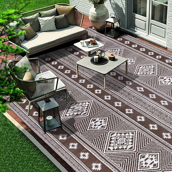 Outdoor Rug 9x18 for Patio Waterproof Patio Rugs Outdoor Mats for Front Porch,Beach Mat,Reversible Plastic Camping Rugs,Camper Rugs for Outside,RV,Deck,Balcony,Backyard,Boho Brown