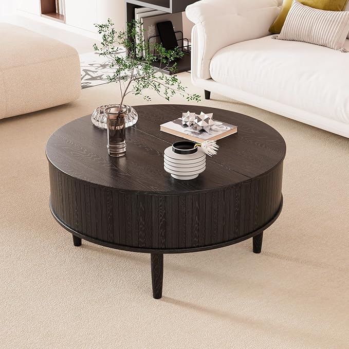Round Fluted Lift Top Coffee Table with Storage, Mid Century Modern Coffee Table for Living Room, Home Small Space,31.5" Fluted Center Table (Black, 31.5inch)
