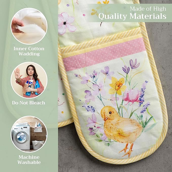 Maison d' Hermine Double Oven Mitts 100% Cotton 7"x35" Double Oven Mitt Heat Resistant BBQ Cooking Gloves with Loop, Baking, Grilling, Home, Kitchen, Handling Hot Pans Spring Summer (Easter Zest)