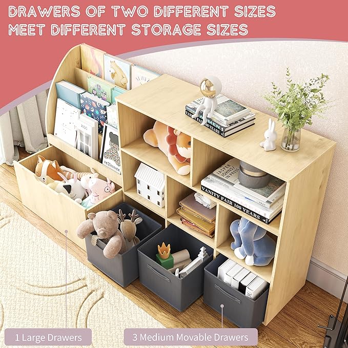 Kids Bookshelf and Toy Storage, Toy Storage Organizers with Movable Drawers & 3 Storage Bins, Kids Reading Nook Toy Organizers Shelf with 5 Cubbies, Natral Wood