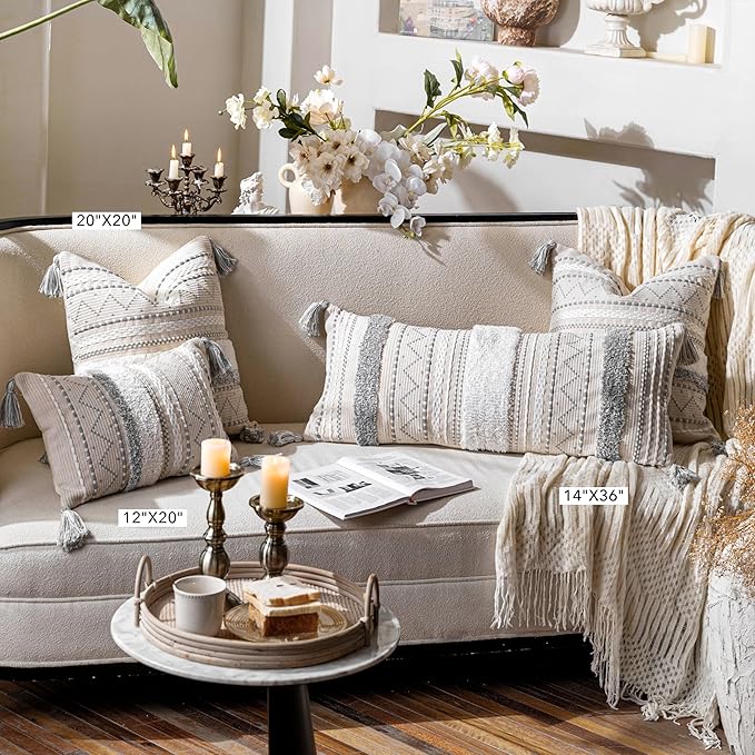 Gray Decorative Lumbar Throw Pillow Cover 14x36 Boho Long Cushion for Bed Neutral White Accent Farmhouse Pillowcase for Bedroom Living Room Couch Sofa Home Décor (Cover ONLY, Pack of 1)