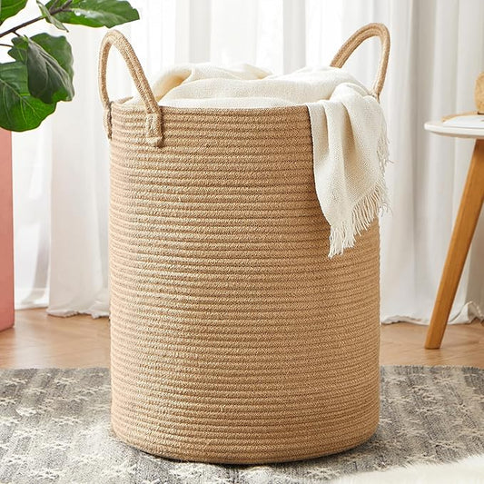 15Dx20H inches Jute Woven Hamper Laundry Basket Wicker Rope Clothes Hamper for Baby Nursery Kids Tall Rattan Blanket Basket in Living Room Bedroom 60L Large Capacity