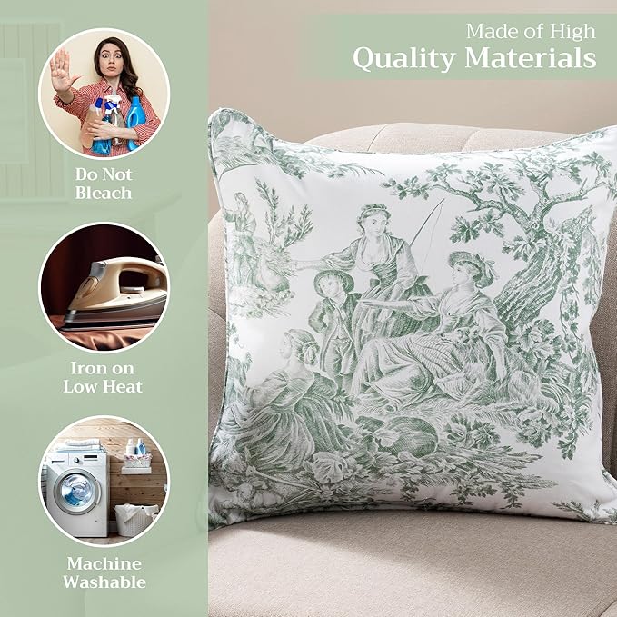 Maison d' Hermine Decorative Pillow Covers 20x20 Inch Square 100% Cotton Throw Pillow Covers with Invisible Zipper for Couch, Chair, Sofas, Bedroom, Home (The Miller - Antique Green (White))