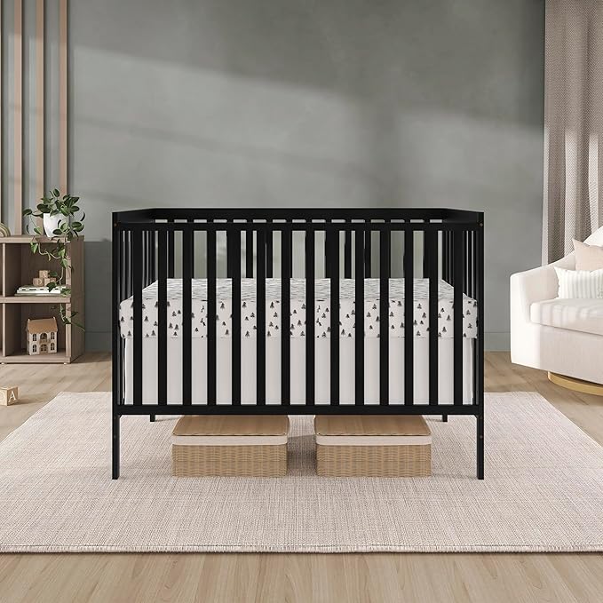 Dream On Me Synergy 5-in-1 Convertible Full-Size Baby Crib with Toddler, Day & Full Bed Conversion in Black, GreenGuard Gold & JPMA, 3 Mattress Heights, Sustainable Pinewood