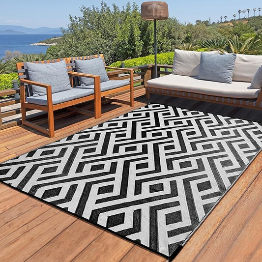Terrug Outdoor Rug Waterproof 6x9 Ft, Foldable Outdoor Plastic Straw Rug, UV Reversible Patio Rug Decor, Outdoor Area Rug for Camping, RV, Porch, Deck, Backyard, Balcony, Picnic, Black & Light Grey