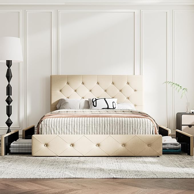 MUTICOR Full Size Bed Frame with 4 Storage Drawers, Upholstered Platform Bed with Button Tufted Adjustable Headboard, No Box Spring Needed, Easy Assembly, Diamond Tufted, Beige Fabric