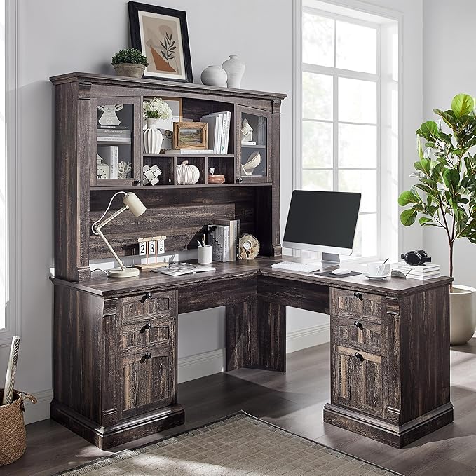 OKD 60" L Shaped Executive Desk with Hutch and Drawers, Farmhouse Home Office Desk with Charging Station, File Cabinet Storage, Wood Corner Computer Desk for Work and Study, Dark Rustic Oak