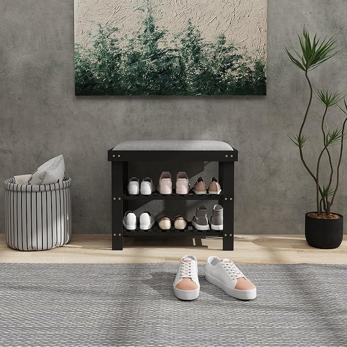 HOMCOM Bamboo Shoe Bench, 3-Tier Entryway Bench with Storage and Cushion, Shoe Organizer for Entryway, Hallway, Holds Up to 331 lbs, 23.6 x 11.4 x 19.3 Inches, Black