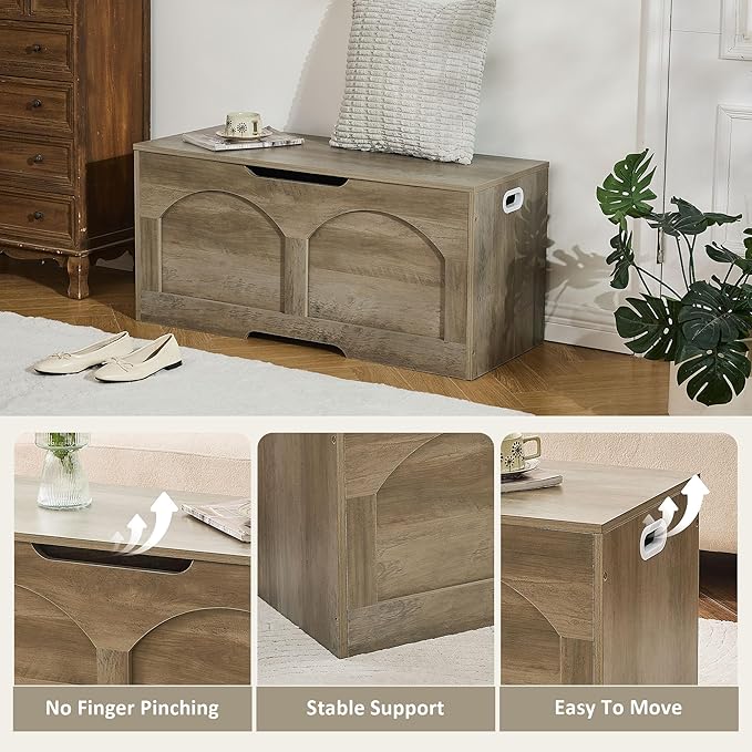 Storage Bench, 39.4" Storage Trunk, Storage Chest with U-Shaped Cut-Out Pull, Upgraded Safety Lift Support Hinge, Supports 330 lb, 39.4" x 15.7" x 18.3", Entryway Storage Bench, Greige