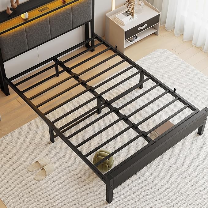 Full Size Bed Frame with LED Lights, Upholstered Headboard with Storage Shelves&Charging Station, Heavy Duty LED Bed Frame Full Mattress Foundation No Box Spring Needed, Noise Free,Grey