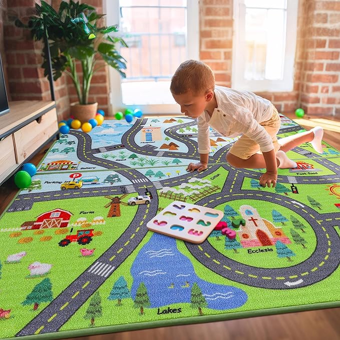 BEQHAUSE Kids Room Rug City Life 2pcs, 32”x60” Educational Road Traffic Kids Rug, Non Slip Washable Play Mat Carpets for Children's Bedroom Playroom Nursery Room Decor