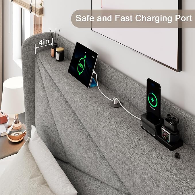 Queen Size Upholstered Bed Frame with Charging Station, Platform Bed Frame with Storage Headboard, Solid Wood Slats Support, No Box Spring Needed, Light Gray