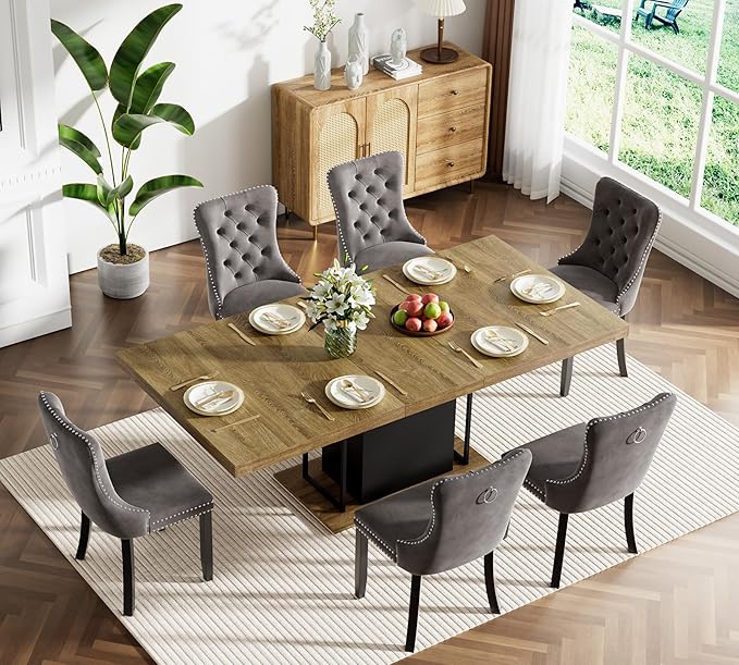 Goujxcy 78.7" Farmhouse Extendable Dining Room Table Set for 6, 7-Piece Rectangle Kitchen Dining Room Table Set with Wood Base and 6 Grey Velvet Dining Chairs, Extending Kitchen & Dining Table Set